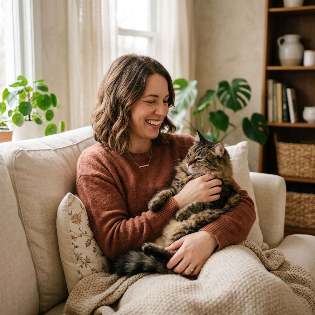 Caregiver cuddling a cat on a couch
