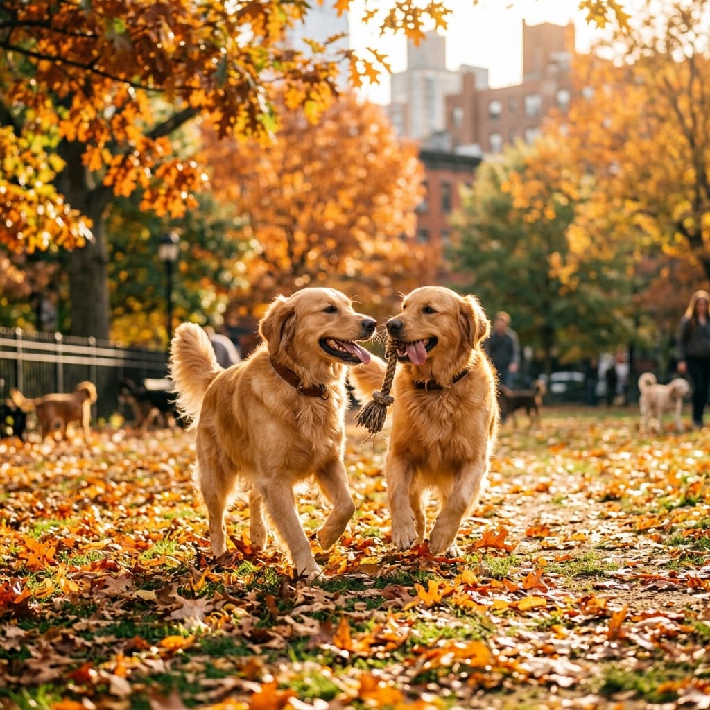 Two golden retrievers playing joyfully